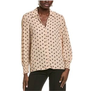 T Tahari Beige Shadow Dot Polka Dot Long Sleeve Blouse Top